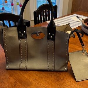 Studded Two-Tone Tote Bag in Gray and Black